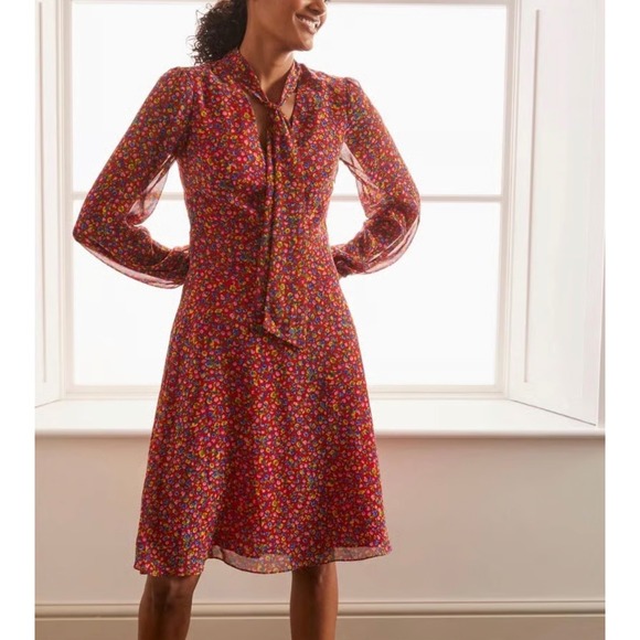 Boden Dresses & Skirts - Boden Red Floral Tie Neck Midi Dress Sheer Long Sleeve US 16/18R